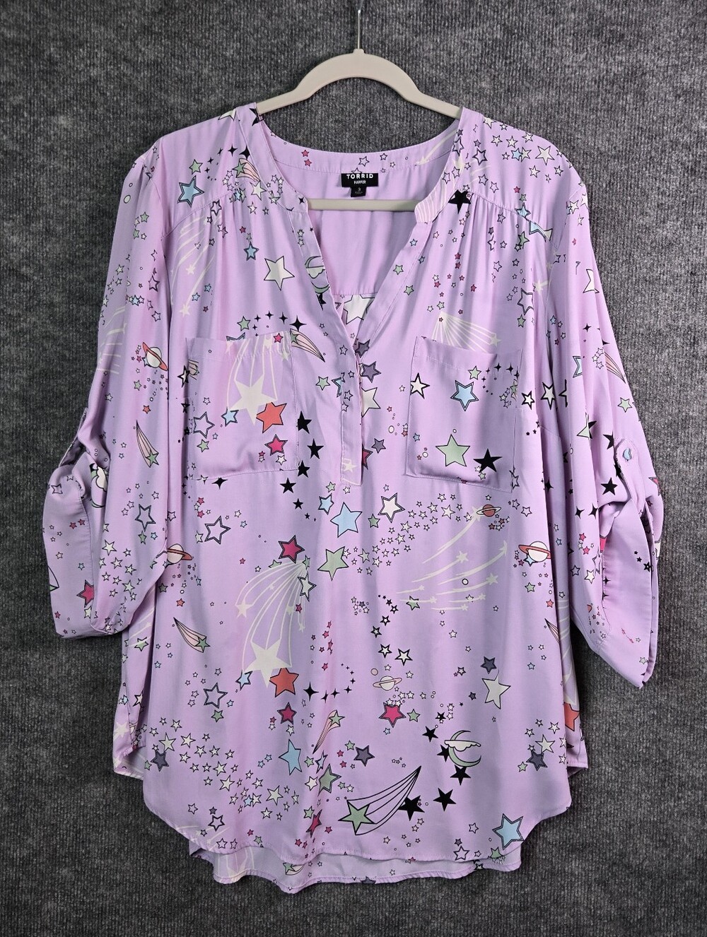 Torrid Top Womens 3X Purple Stars Celestial Chiffon Harper Flowy Roll Tab